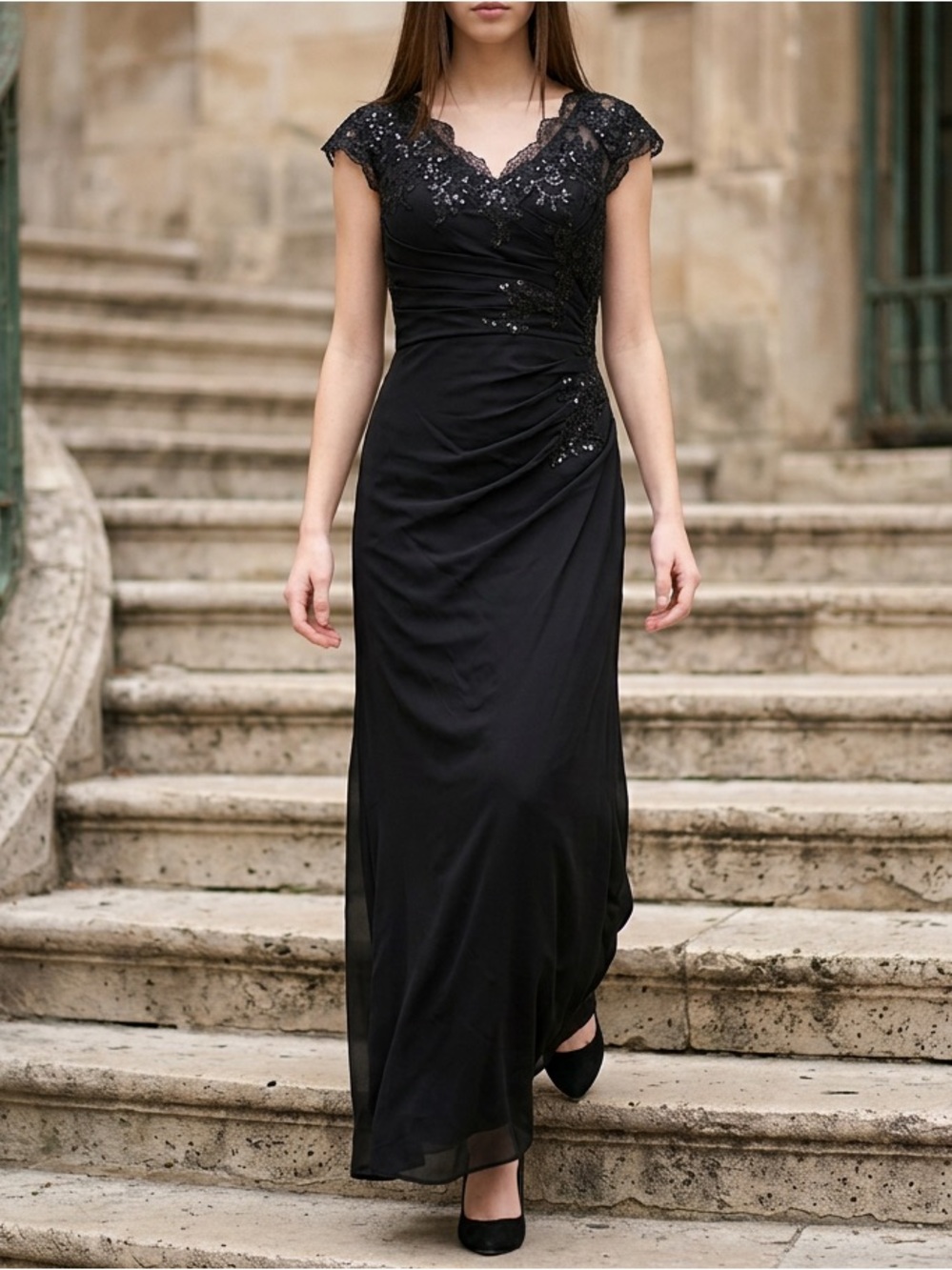 Elegant Black Lace-Accent Evening Gown